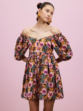 TOPSHOP LINEN  FLORAL  SCALLOP‎ ROSES DAISIES PUFF SLEEVE MINI DRESS SIZE 12